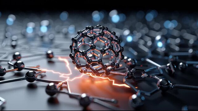 Graphene battery nanomaterial energy storage technology. Conductivity. Supercapacitor research. A stylized representation of a graphene structure with glowing elements.