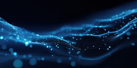 Blue glowing wave of data particles, abstract 3D rendering on a dark background