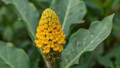 The turmeric plant's flower (Curcuma longa) develops from a pseudostem rising from its underground rhizome, featuring a clustered bloom arranged on a spike structure.