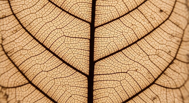 A detailed close up of a dry leaf showing its intricate vein structure and delicate cellular pattern