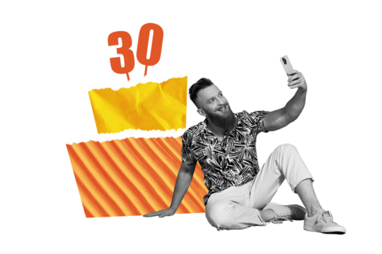 Composite trend artwork sketch image collage of happy birthday celebration party holiday anniversary young man blogger mobile cupcake