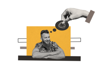 Composite photo collage of happy guy wink think idea brainstorming hand hold bubble thought speech box isolated on painted background