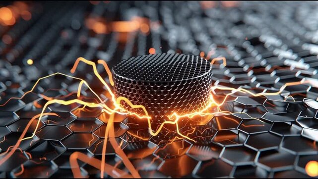 Graphene battery nanomaterial energy storage technology. Conductivity. Supercapacitor research. A futuristic depiction of a graphene battery with energy effects.