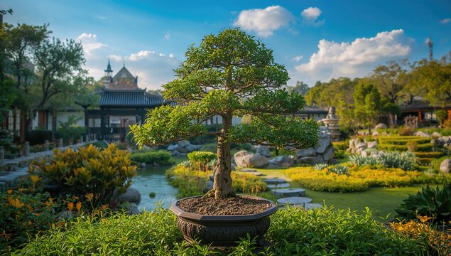 Tiny bonsai plant thriving in an open-air garden