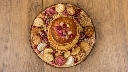 Fototapeta premium Overhead view of pancakes served on a rustic wooden board alongside cookies and sweets