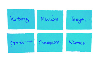 Handwritten Victory, mission, target, goal, champion and winner Concepts on Blue Sticky Notes