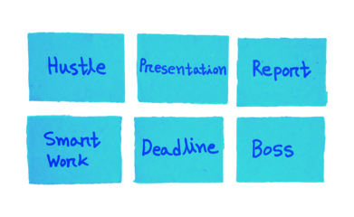 Handwritten Hustle, presentation, report, smart work, deadline and boss, Concepts on Blue Sticky Notes