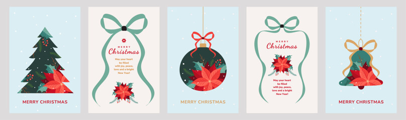 Festive Merry Christmas card set featuring hand-drawn Christmas trees, poinsettias, holly berries, jingle bells, toys, bows, and ribbons—ideal artistic templates for holiday posters, covers, banners.