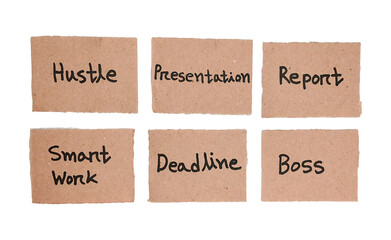 Handwritten Hustle, presentation, report, smart work, deadline and boss, Concepts on Brown...