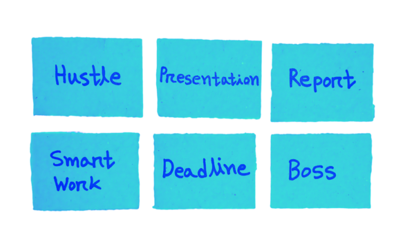 Handwritten Hustle, presentation, report, smart work, deadline and boss, Concepts on Blue Sticky Notes