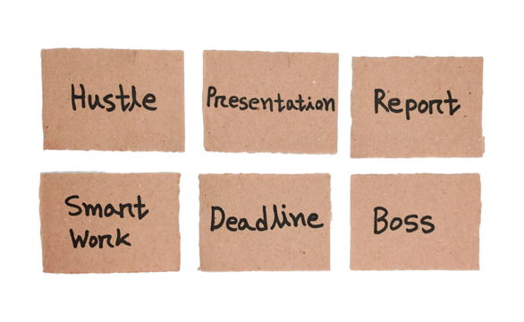 Handwritten Hustle, presentation, report, smart work, deadline and boss, Concepts on Brown Cardboard Labels