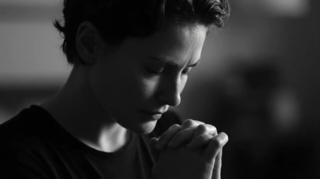 A person with eyes closed and hands clasped in prayer or deep contemplation.