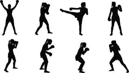 Silhouette martial arts fighters, boxing training poses, kickboxing action stances, combat sports illustration, karate taekwondo movements,