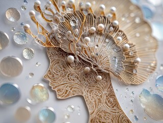 enchanting close-up of a paper woman with seashell crown and pearl beads: perfect for a coastal-inspired poster or unique interior decor!
