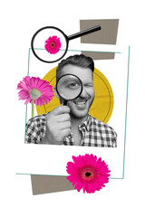 Vertical photo collage of happy man hold loupe examine spring flower gerbera botany science zoom...
