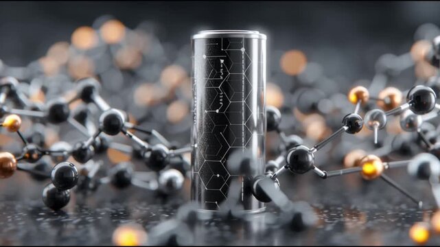 Graphene battery nanomaterial energy storage technology. Conductivity. Supercapacitor research. A graphene battery surrounded by molecular structures and nanomaterials.