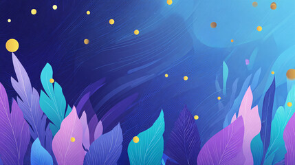 Leaves and golden dots creating an abstract fantasy blue and purple underwater background
