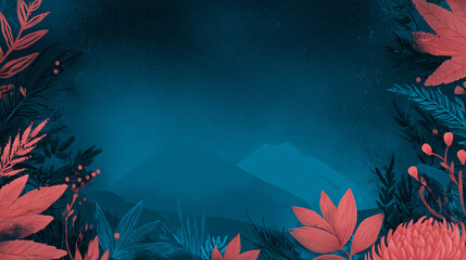 Night forest illustration with glowing mountains and vibrant leaves border