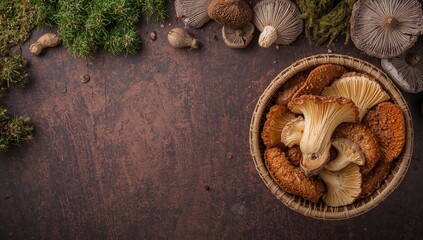 Forest Chanterelles, wild moss, and mushrooms arranged on weathered wood, showcasing natural textures for culinary use
