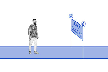 Composite photo collage of businessman stand road sign prohibition obstacle economy recession road...