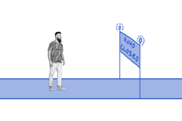 Composite photo collage of businessman stand road sign prohibition obstacle economy recession road closed isolated on painted background