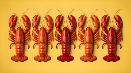 Five Red Lobsters in a Row on Yellow Background – Seafood Concept, Marine Life, Coastal Art, Minimal Food Design