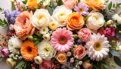 Vibrant Pastel Flower Bouquet Close Up: Roses, Gerbera Daisies, and More