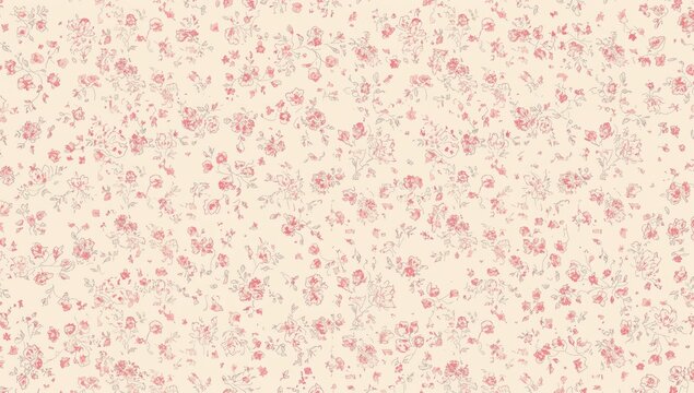 Retro floral design with tiny pastel pink blossoms scattered on a white backdrop. Seamless pattern ideal for printing and digital use.
