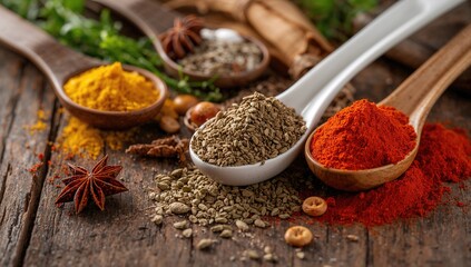 Variety of spices in ceramic spoons, arranged on a wooden surface, culinary exploration