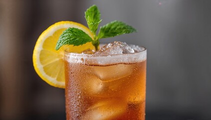 Highball glass filled with a mixed drink of vodka, rum, tequila, gin, lemon juice, cola, and ice, decorated with a lemon wedge and mint leaves.