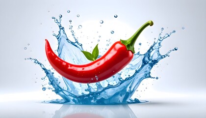 Vibrant Red Chili Pepper Emerging from Water Splash with Green Leaves