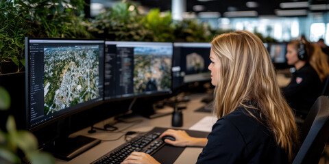 Caucasian female analyzing satellite images on multiple monitors in office setting. GIS Day