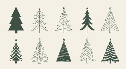 Obraz premium Collection of ten stylized Christmas tree illustrations in varying designs and shapes against a neutral background.