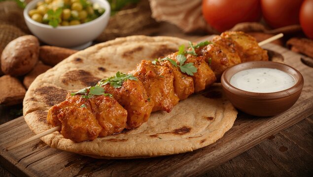 Tasty boneless chicken chunks grilled on a stick, placed on flatbread.