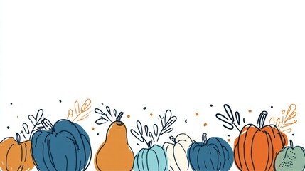 Abstract Hand-Drawn Pumpkin and Gourd Bottom Border in Trendy Blue and Orange Colors