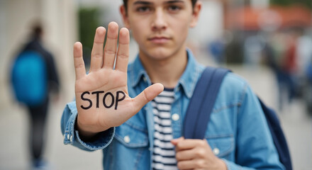 Person gesturing to stop bullying. A gesture to stop bullying with focus on the outstretched hand and serious expression. 