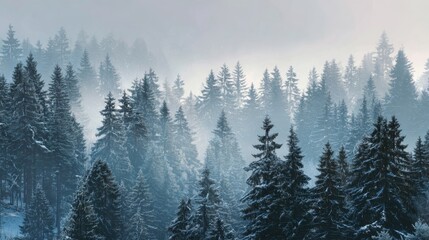 Obraz premium Misty pine forest landscape with snow-covered trees in winter