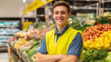 A cheerful young man wearing a bright vest poses in a bustling grocery store filled with colorful produce.