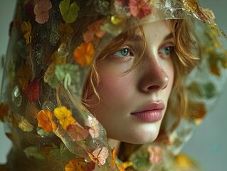 whimsical floral raincoat design: translucent paper fashion with pressed petals and raindrops - perfect for sports-themed interior posters!