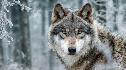Obraz premium An elegant wolf gazes directly at the viewer surrounded by icy branches in a serene forest.