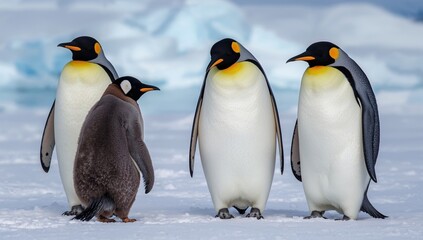 Fototapeta premium An adelie penguin interacts with three emperor penguins, social behavior observation