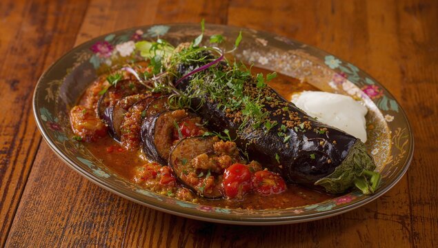 Authentic Mediterranean appetizer featuring eggplant dip known as saksuka