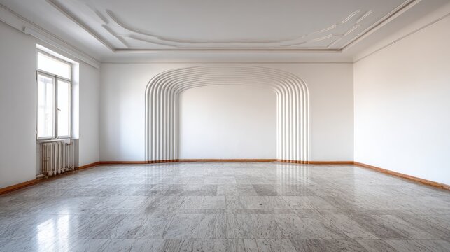 Expansive, empty interior room showcases polished stone flooring and decorative wall recess - Powered by Adobe