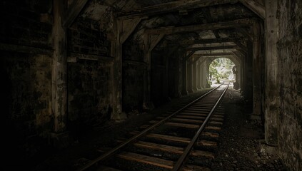 Fototapeta premium Adit mining tunnel featuring intact rails on the ground, highlighting safety in mining operations