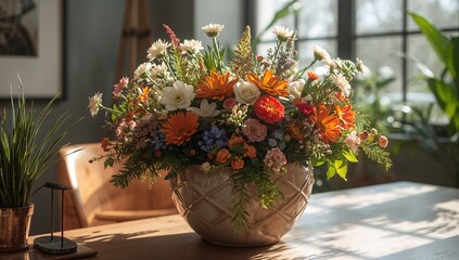 Flowers arranged in a planter, vibrant colors enhancing indoor decor
