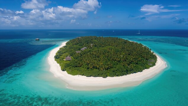 Aerial view of a tropical atoll featuring palm trees and sandy shores, highlighting seasonal beauty