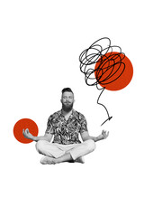 Vertical photo collage of serious guy do meditation zen yoga practice job rest retreat executive...