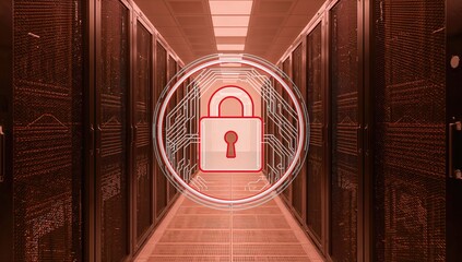 Digital illustration of a lock icon surrounded by circular elements over a motherboard design on data storage units in a data center. Composite image emphasizing cybersecurity, safeguarding,