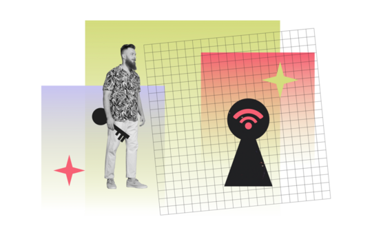 Composite trend artwork sketch image photo collage of website internet lock security data protect keyhole young man stand hold key unlock