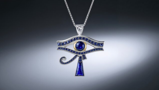 Jewelry featuring semiprecious stones, lapis lazuli, and a necklace shaped like the Eye of Horus, cultural significance in ancient Egypt
